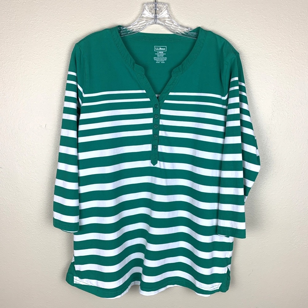 LL Bean 3/4 Sleeve Henley Knit Top Size L Cotton Green Striped Boat Nautical